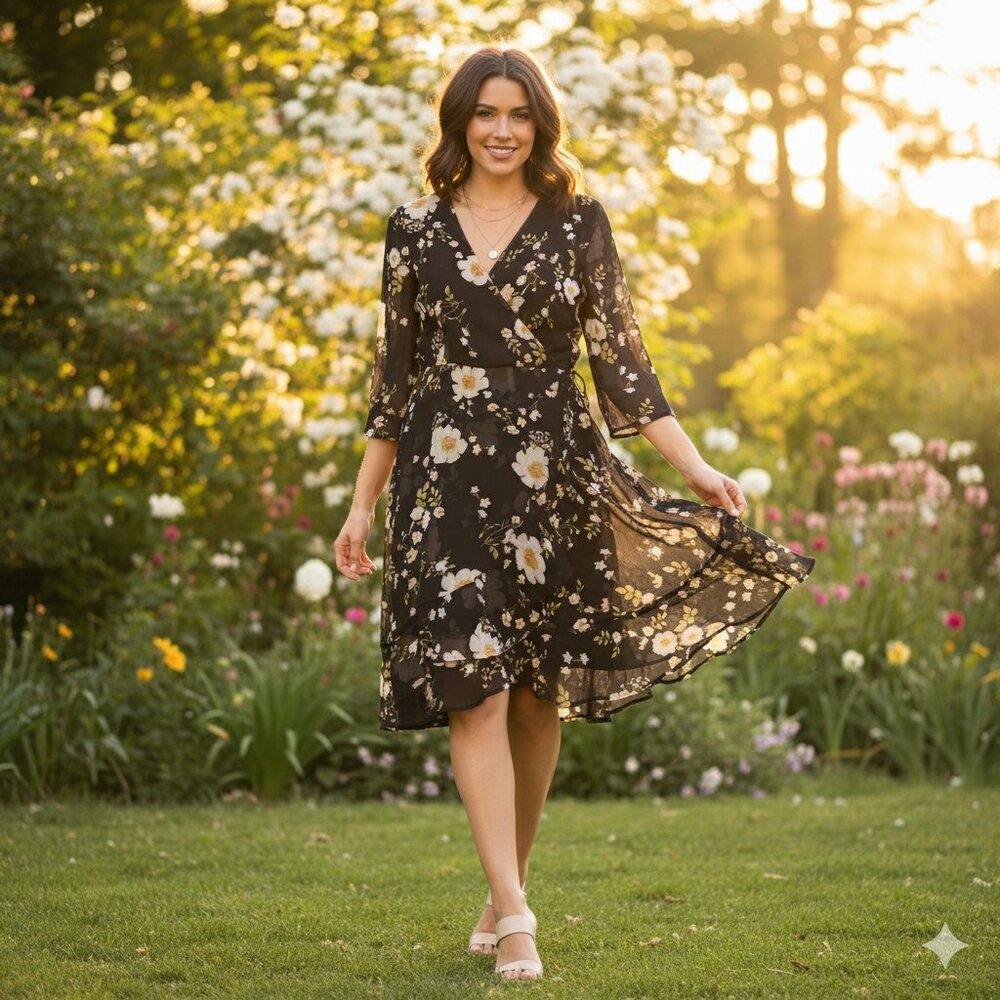Vero Moda Black Floral Wrap Dress Cottagecore Romantic Style